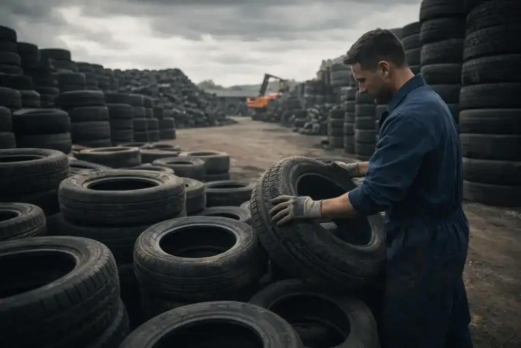 Mitarbeiter prüft gebrauchte Reifen auf dem Betriebshof zur fachgerechten Altreifenentsorgung und nachhaltigen Reifenverwertung